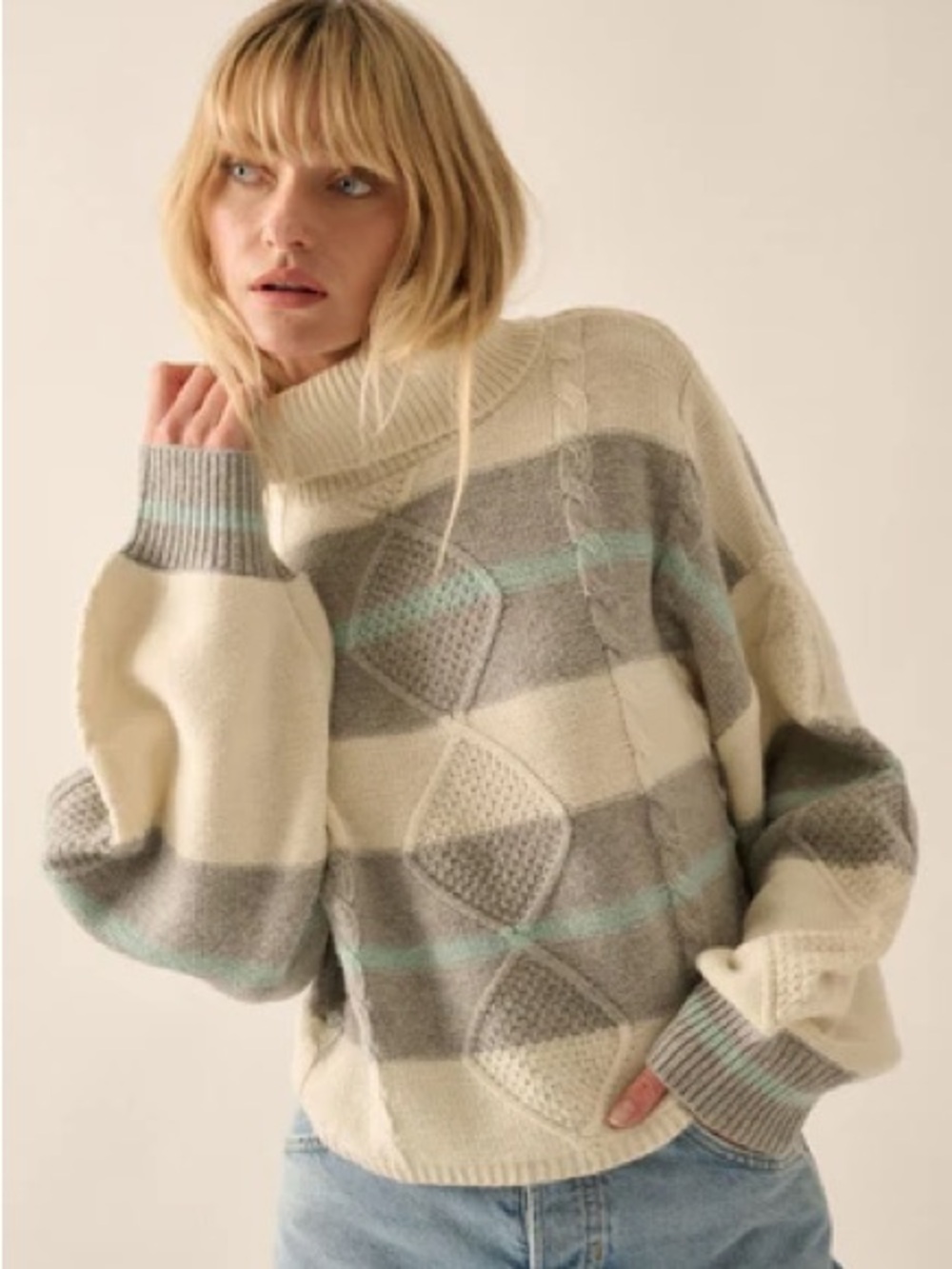 Promesa Cream & Gray Striped Cable Turtleneck Sweater with Mint Accents